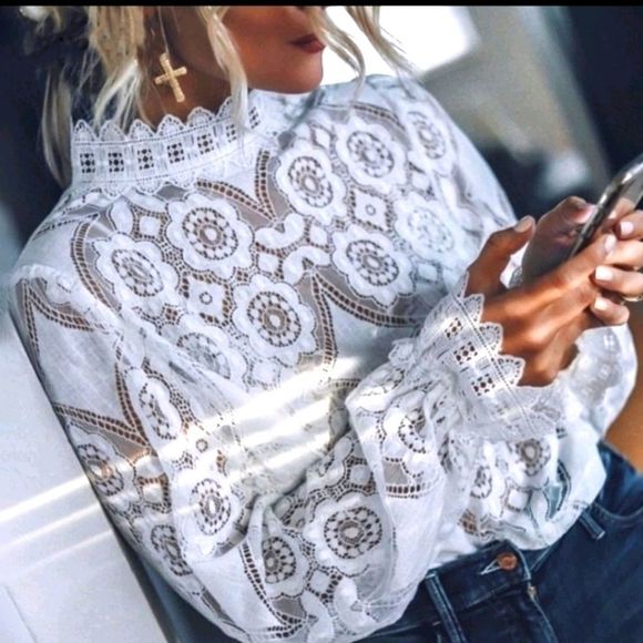 Tops - Restocking White Lace High Neck Long Sleeve Shirt